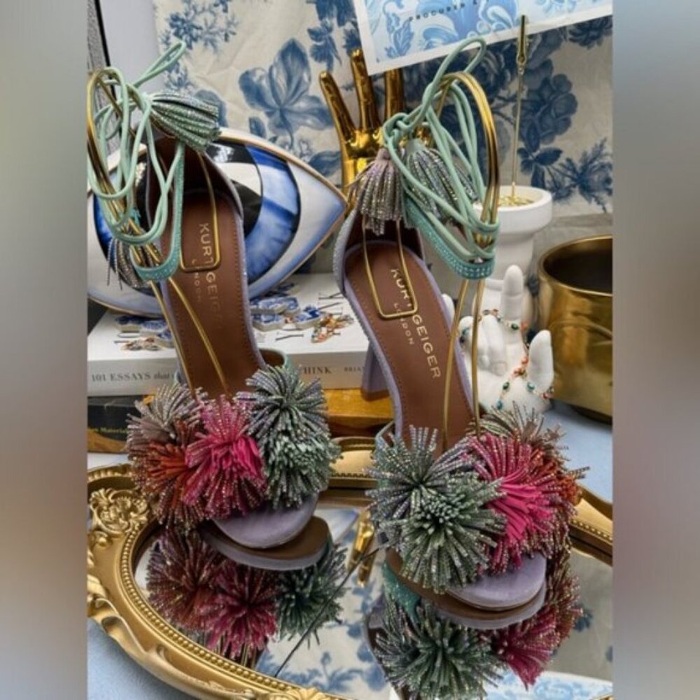 🆕 KURT GEIGER LONDON 🧿 NWOB Lilac & Teal Pom Pom Tie Ankle Heel, Sz 36 US 6 - Picture 3 of 15